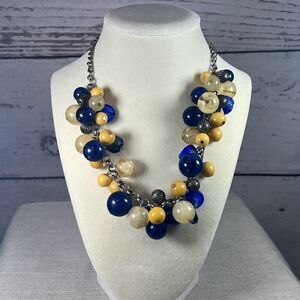 Silver necklace with‎ blue, yellow and silver beads  11 inches long